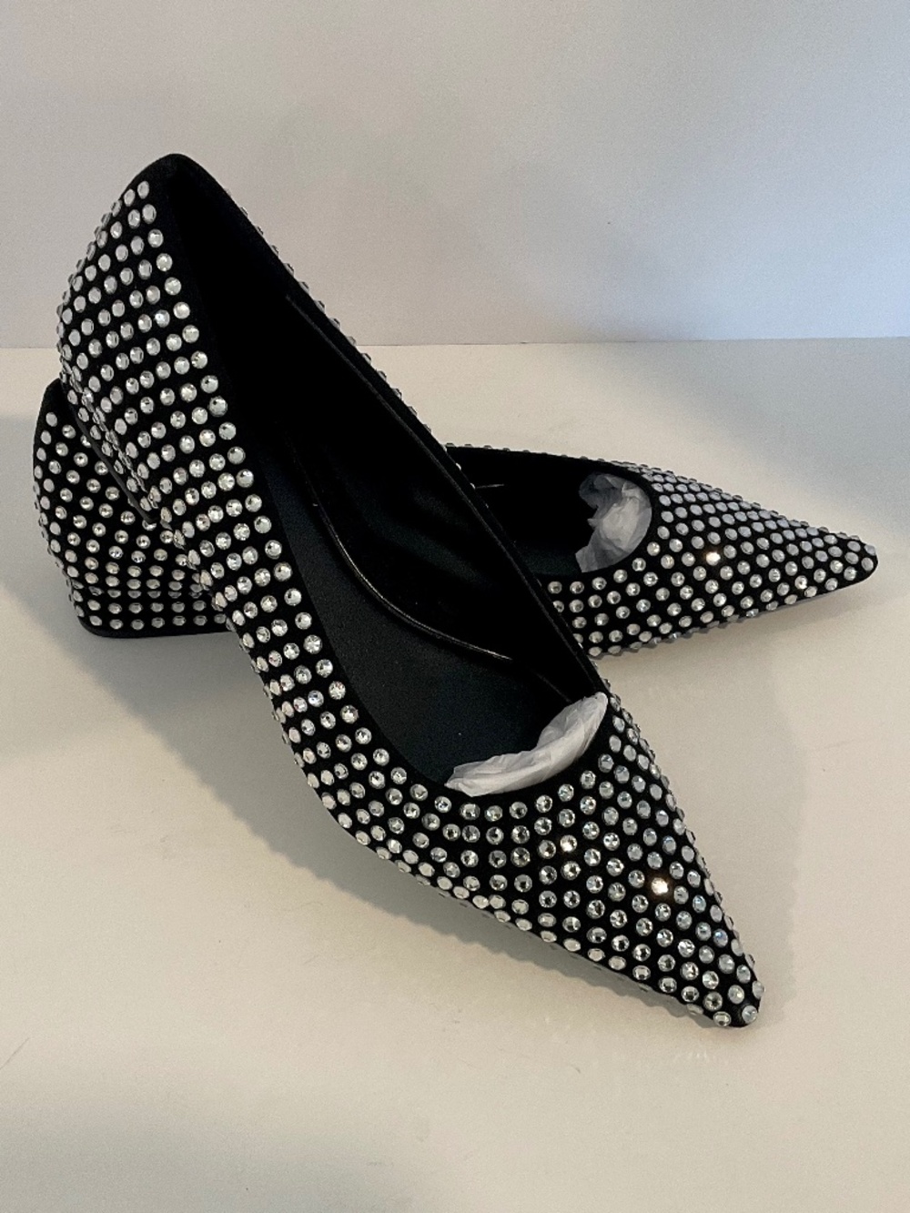 ZARA Crystal Embellished Pointed Toe Ballet Flats Black Size EU 40